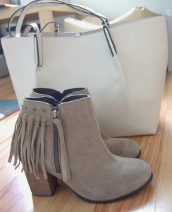 Shake Taupe suede ankle boots by Miss KG, tote bag by Zara