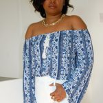 blue and white pattern off the shoulder top