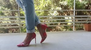 denim and red ootd